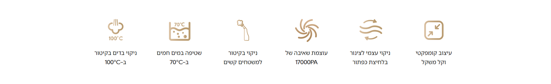 עיצוב קומפקטי וקל משקל   ניקוי עצמי לצינור בלחיצת כפתור   עוצמת שאיבה של 17000PA   ניקוי בקיטור למשטחים קשים   שטיפה במים חמים ב-70°C   ניקוי בדים בקיטור ב-100°C