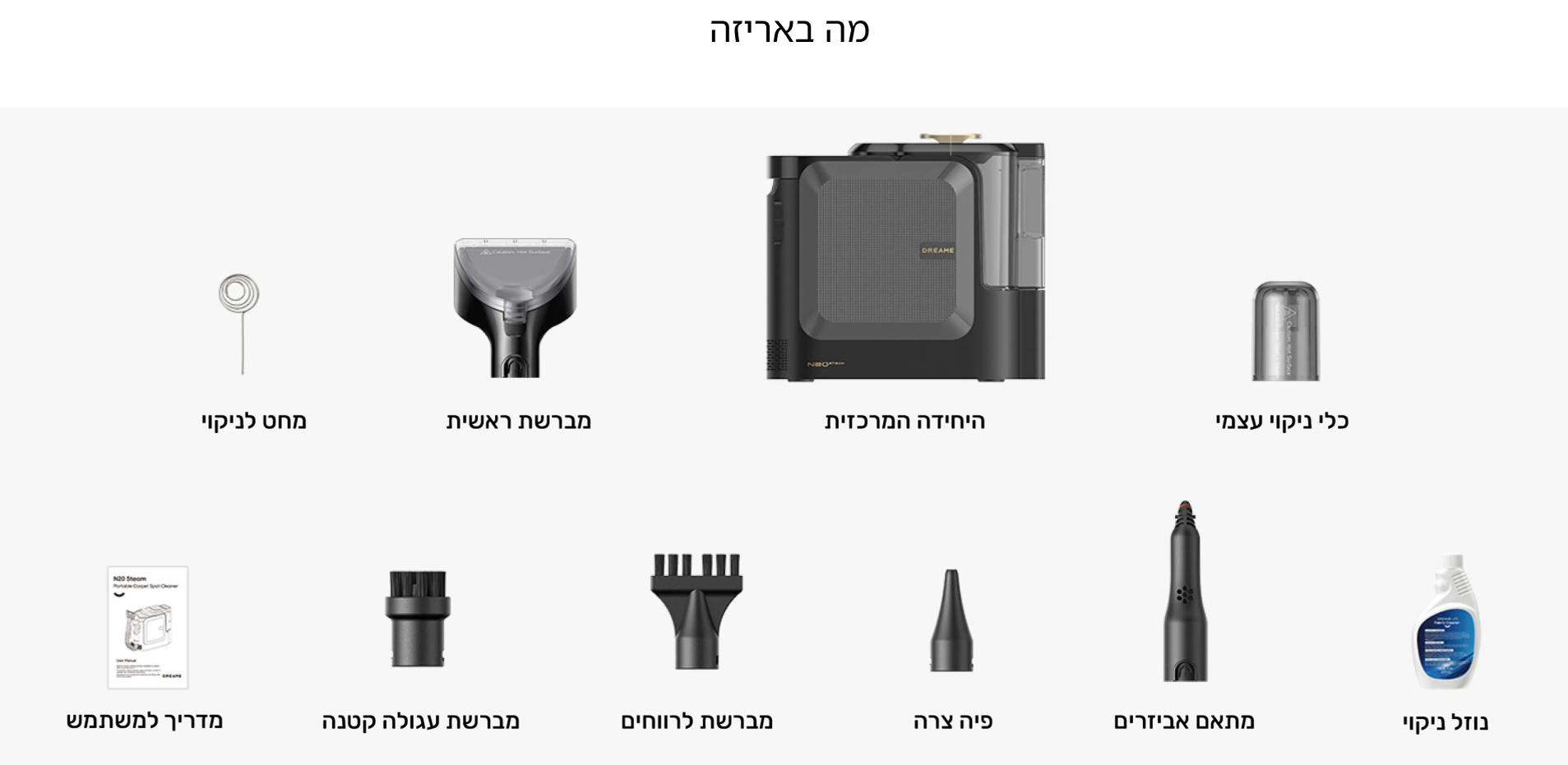 מה באריזה כלי ניקוי עצמי היחידה המרכזית מברשת ראשית מחט לניקוי נוזל ניקוי מתאם אביזרים פיה צרה מברשת לרווחים מברשת עגולה קטנה מדריך למשתמש